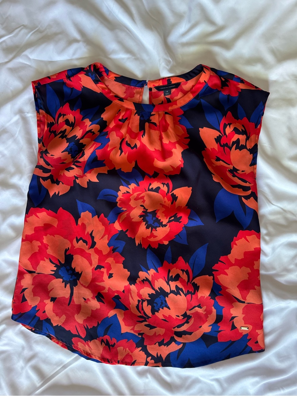 Tommy Hilfiger Red and Navy Floral Cap-Sleeve Shell